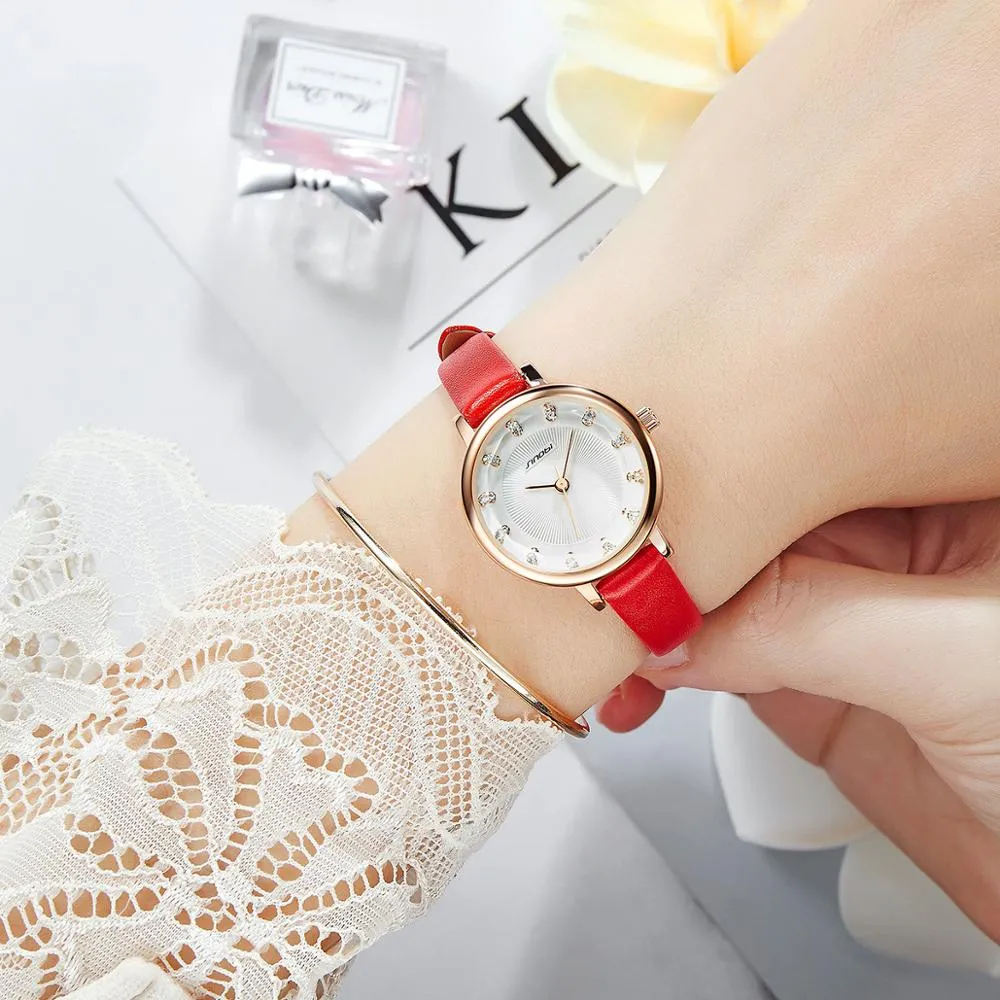 SINOBI New Women Watches Simple Ripple Diamond Dial Small Elegant Ladies Watch Red White Leather Quartz Wristwatch Female Gifts242U