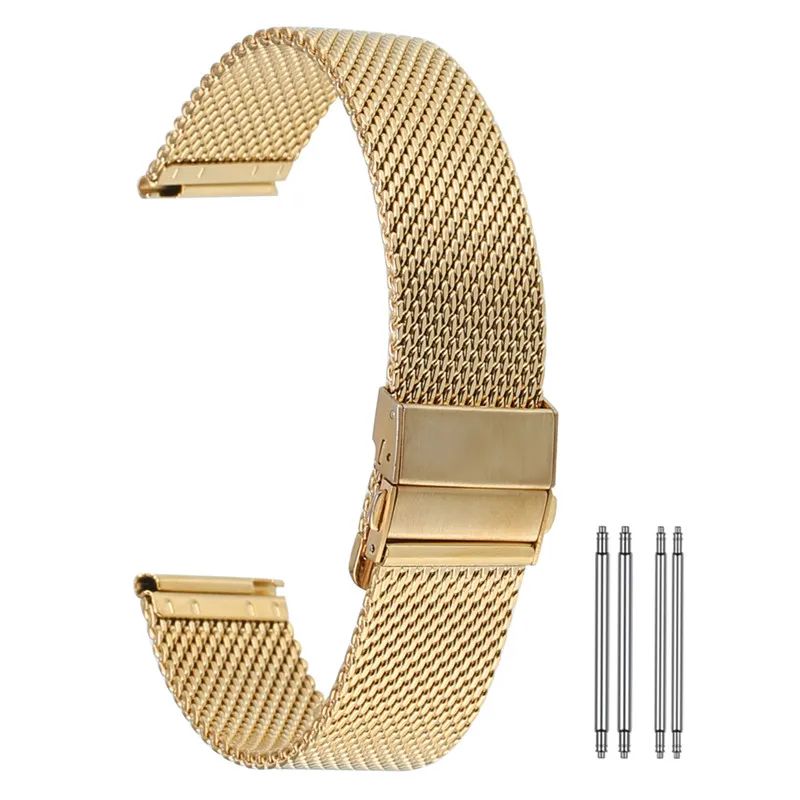 Hoge kwaliteit geel goud blauw 18 20 22 mm mesh roestvrijstalen band horlogeband vervanging armband rechte uiteinden haak Buckle214Q