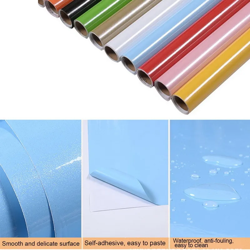 1MROLL GLOSSY WATTOPRESIGHT PVC Cabinet Wallpaper Självhäftande kontaktpapperskåp för dörrmöbler Klistermärken Badrum Kök6805911