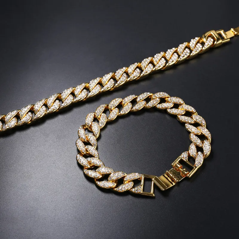 18K Gold Kubanische Kette Armbänder für Männer Hip Hop 14mm 23cm Iced Out Kristall Miami Armband The Hip Hop King Schmuck Armreifen Gift212i