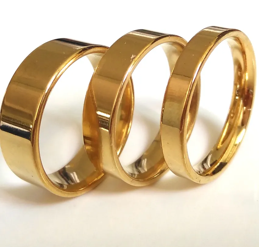 Lote a granel 100 peças mistura de ouro de 4mm 6mm 8mm anel de banda de aço inoxidável unissex casamento noivado amantes anel de dedo festa inteira jew286n