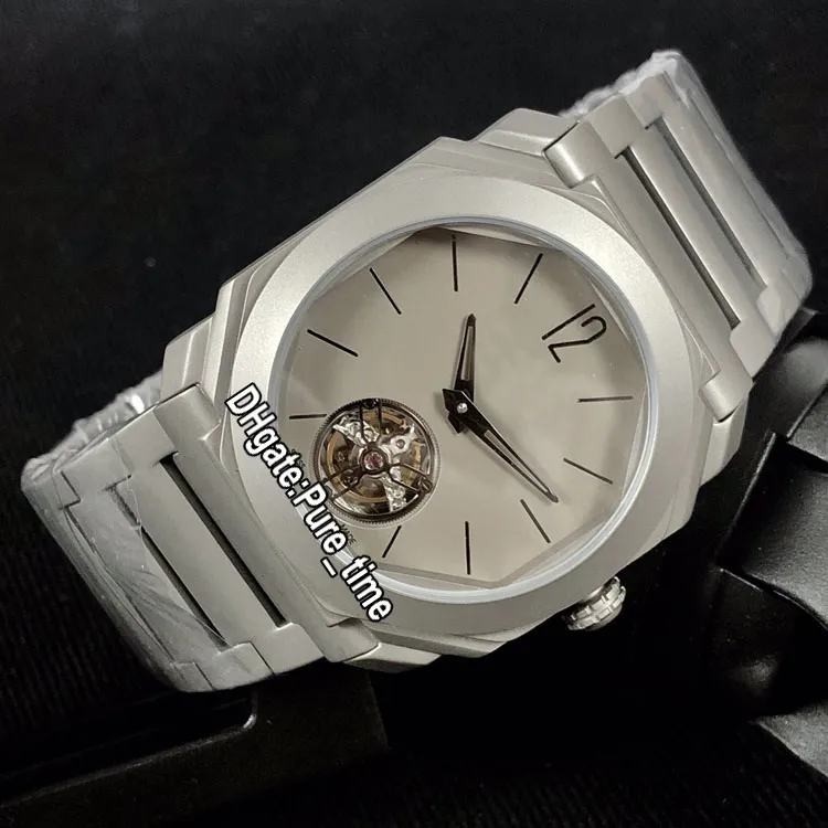 Edição Octo Finissimo Tourbillon Caixa de aço de titânio 103016 102138 Mostrador cinza Relógio automático masculino com pulseira de aço Relógios esportivos P236T