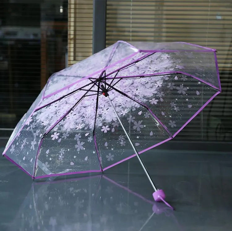 100 teile/los Transparent Klar Regenschirm Griff Winddicht 3 Falten Regenschirm Kirschblüte Pilz Apollo Sakura frauen Mädchen Umb246w