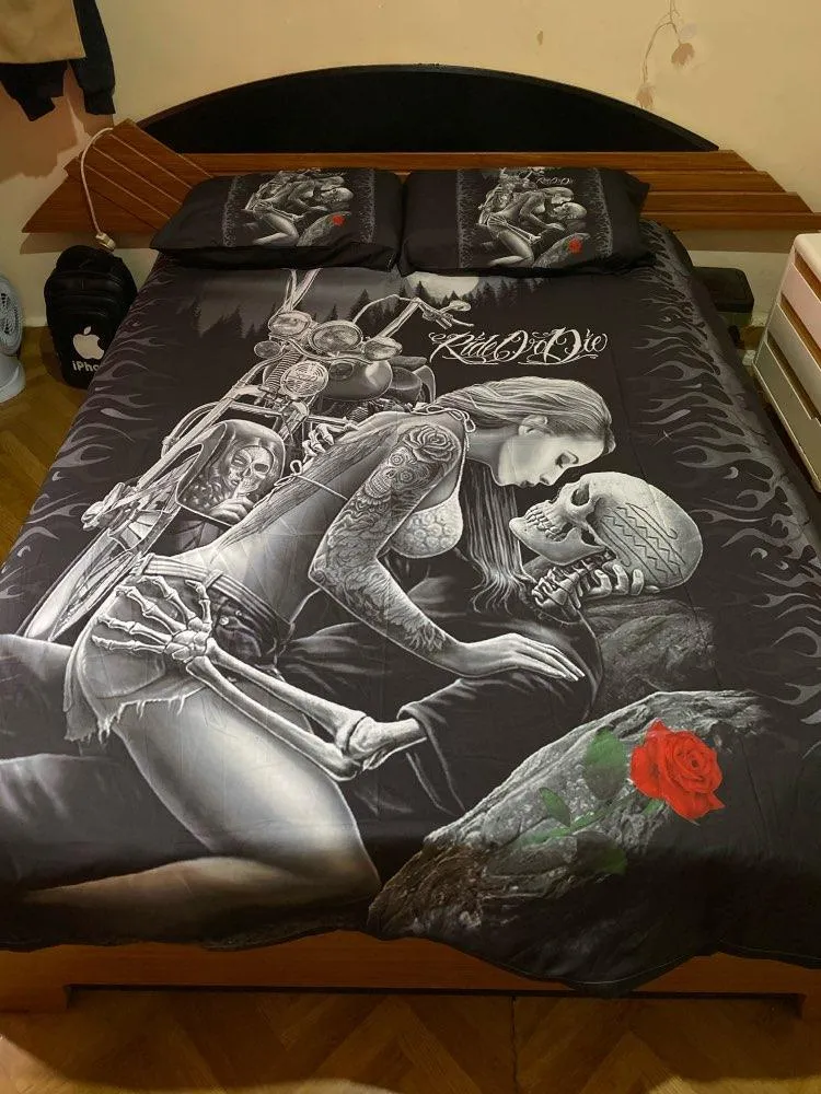 Gothic Skull Bedding Set Twin Full Queen King Double Sizes Duvet Cover with Pillow Cases Rider Girl Bed Linens Set214d