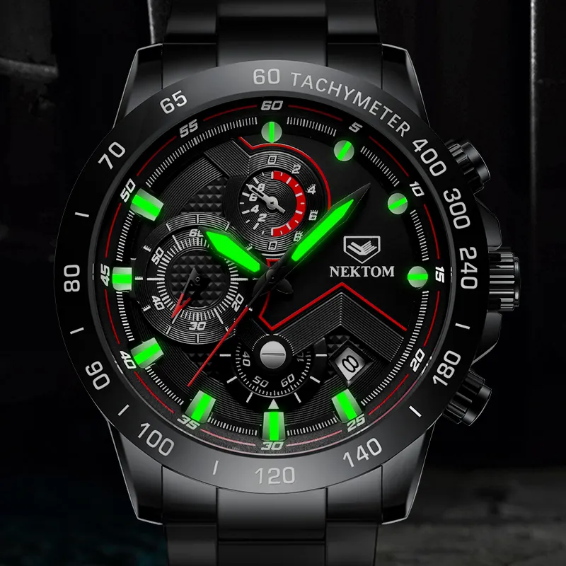 NEKTOM Watches Mens Waterproof Analogue Clock Fashion Stainless Steel Waterproof Luminous Sport Watch MenRelogio Masculino247f