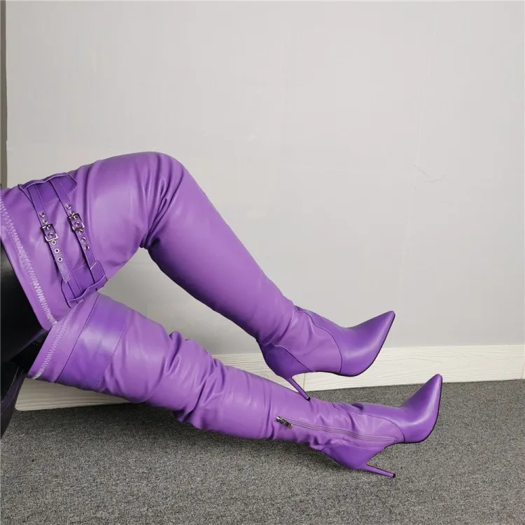 Rontic New Women Thigh High Boots Sexy Stiletto High Heels Boots Pointed Toe Gorgeous Purple Party Shoes Women Plus US Size 5-15