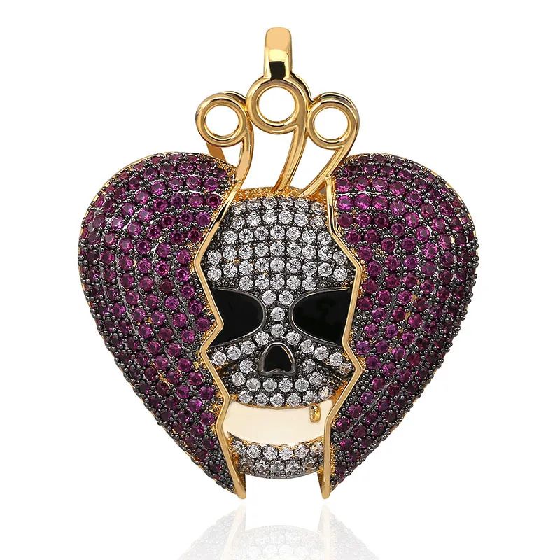 18-каратное позолоченное хип-хоп персонализированное ожерелье-цепочка с подвеской в виде скелета с разбитым сердцем Медь Iced Out Фиолетовый CZ Кубический циркон для мужчин a276G