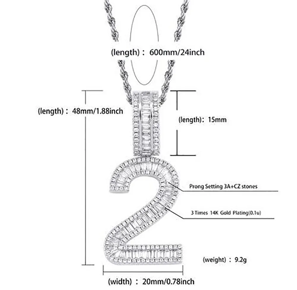 0-9 아랍어 숫자 바게트 번호 맞춤형 조합 번호 문자 지르코니아 펜던트 목걸이 24 인치 로프 넥 212g