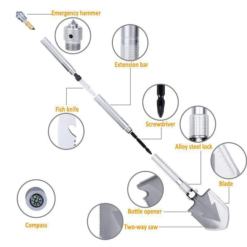 Pala de longitud máxima de 92cm, pala de acero con alto contenido de carbono, equipo de supervivencia plegable multifuncional táctico para exteriores, herramienta de supervivencia 3131