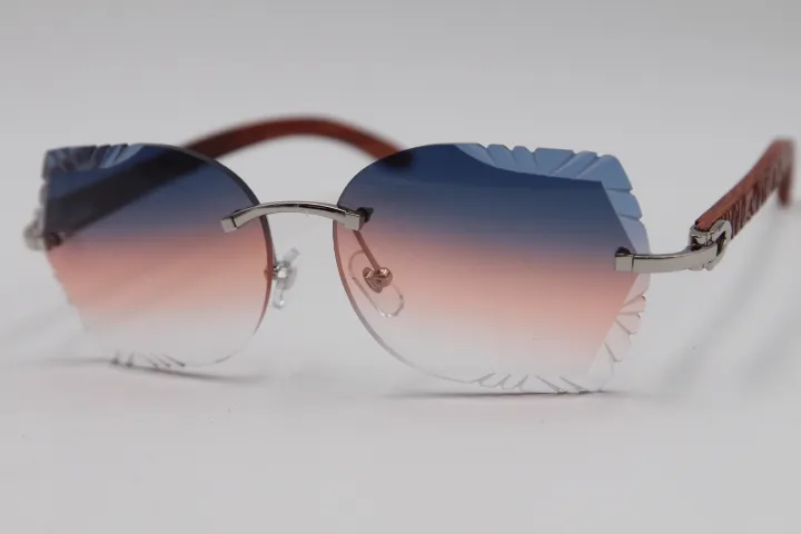 Designer Mens Women Rimless Sunglasses T8200762 Carved Wood Trimming Lens glasses Unisex Sunglasses display hooks263M