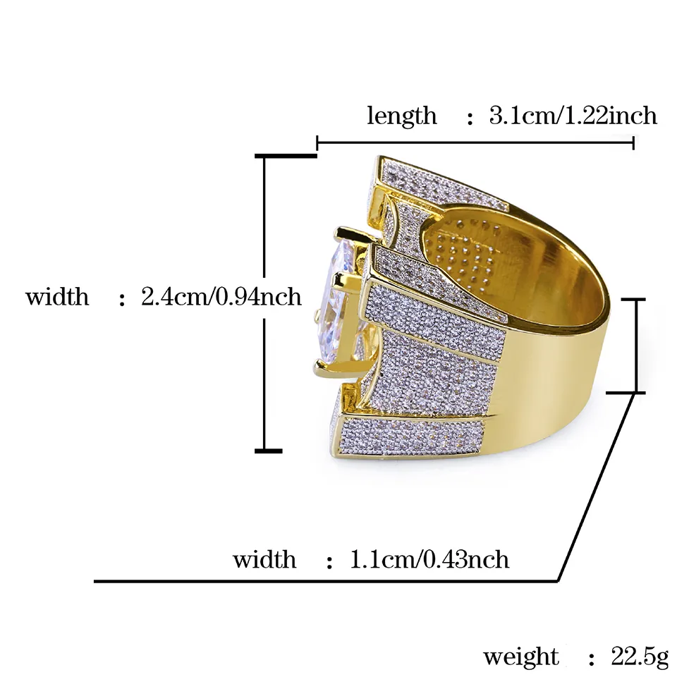 24 mm grande pesado cúbico de zircônia quadrada anel de hip hop para homens de alta qualidade personalizada cz stone punk rock jóias para homens 205c