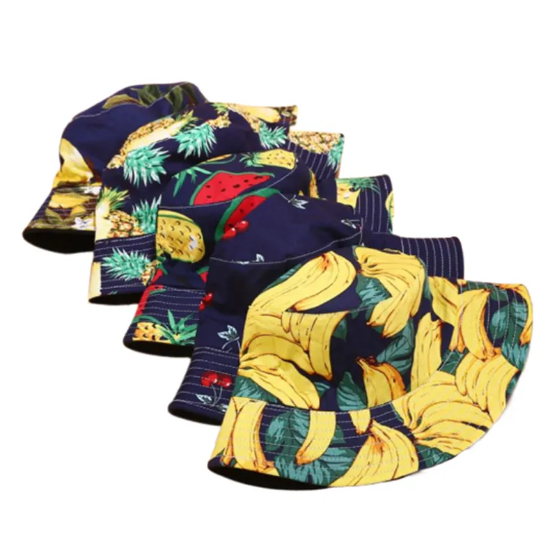 Sommaren två sidor reversibel frukt ananas vattenmelon citron körsbär hink hatt män kvinnor söt fiskare hatt panama bob casual320g