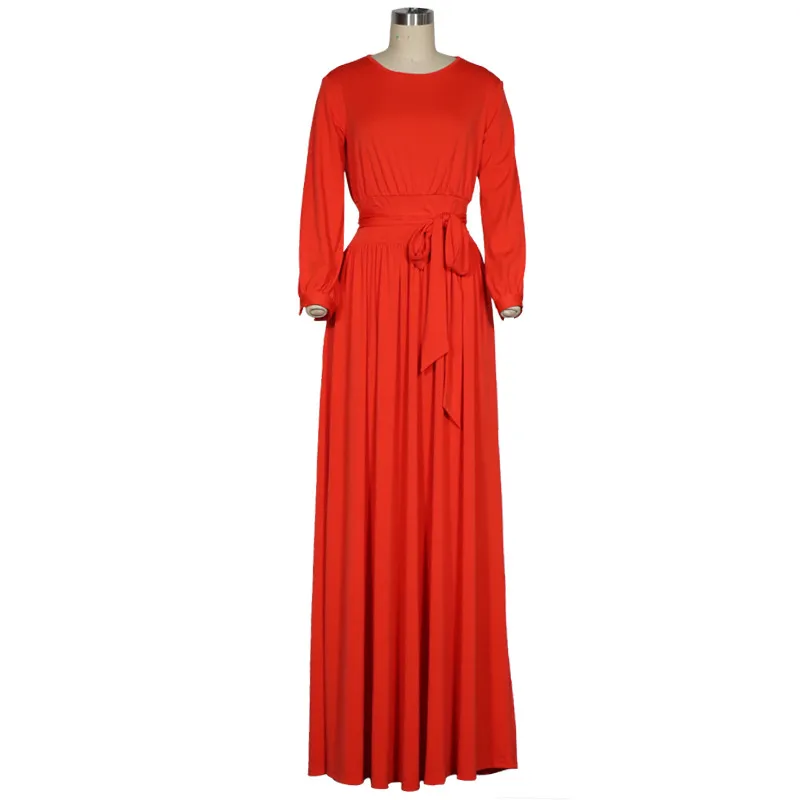 Custom New Fashion Women Dresses Summer Casual Custom Sexy Maxi Dress O-neck Lace Up Waist Solid Color Long Sleeve Long Dress