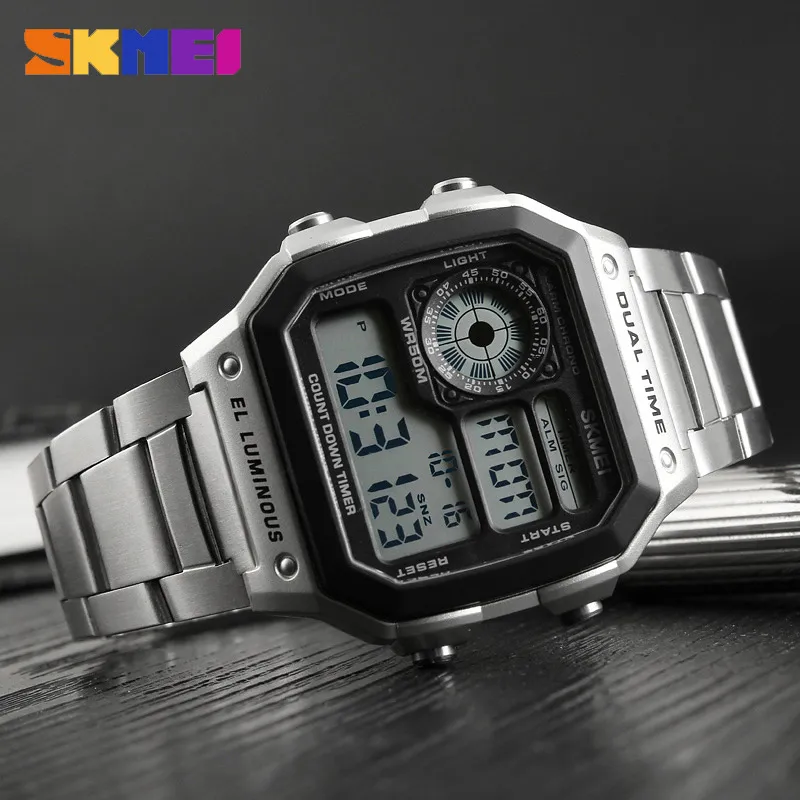 SKMEI haut de gamme montre de Sport de mode hommes 5Bar montres étanches bracelet en acier inoxydable montre numérique reloj hombre 1335231I