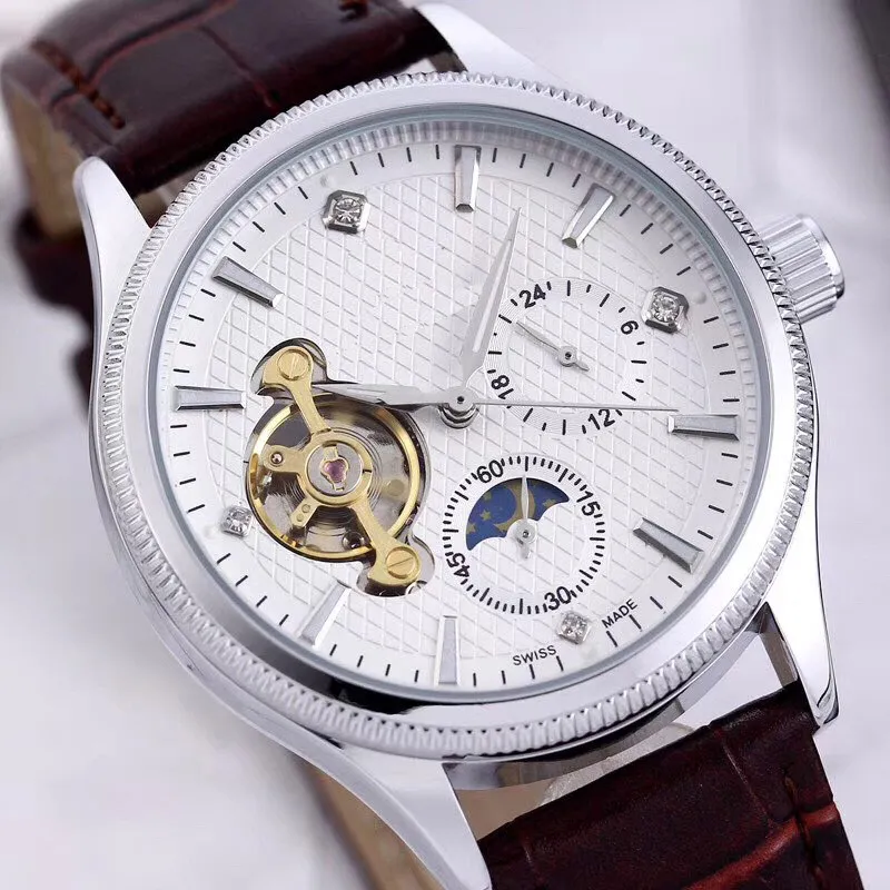 Лучший бренд, золотые мужские часы, 40 мм циферблат, Фаза Луны, водонепроницаемые модные мужские наручные часы, механические автоматические часы с кожаным ремешком для 262S