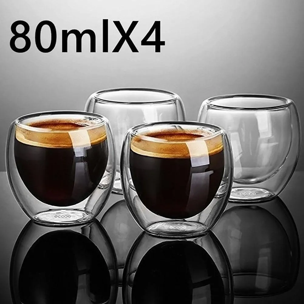 100% Nieuwe Merk Mode 4 stks 80 ml Dubbelwandige Geïsoleerde Espresso Kopjes Drinken Thee Latte Koffie Mokken Whiskey Glazen Kopjes Drinkware236p