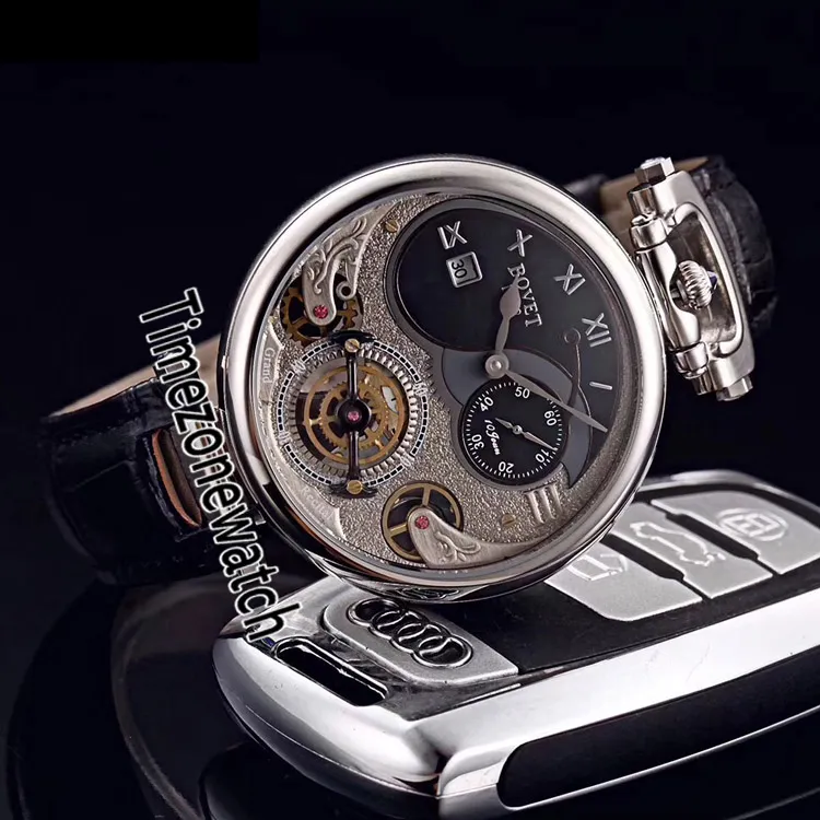 Bovet 1822 Tourbillon Amadeo Fleurie Automatische Skelett-Herrenuhr, Stahlgehäuse, weißes Zifferblatt, römische Markierungen, schwarzes Leder, Zeitzonenuhr, 270 l