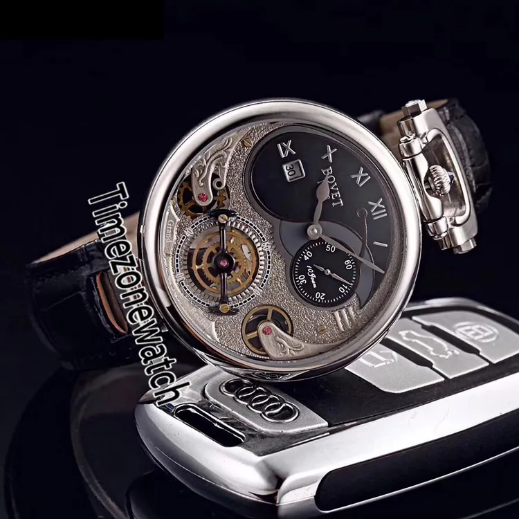 Bovet 1822 Tourbillon Amadeo Fleurie Reloj automático esqueleto para hombre Caja de acero Esfera blanca Marcadores romanos Cuero negro Timezonewatch270l
