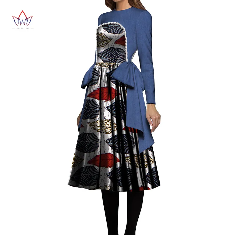 Afrykańskie kobiety Dress 2020 Pearl Denim Print Print Drukuj Wosk Dresses Bazin Riche Mid-Calf Afryka Bow Sexy Dress Wy6694