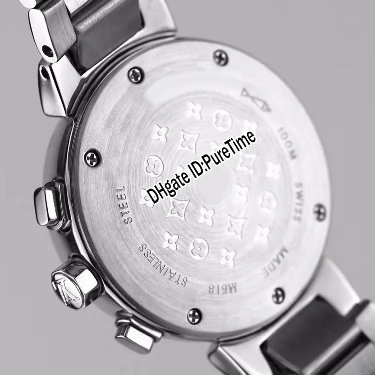 Nuevo Q11215 Caja de acero 34 mm Esfera marrón Subdial negro Cronógrafo de cuarzo japonés Reloj para mujer Relojes de pulsera de acero inoxidable Puretim260N