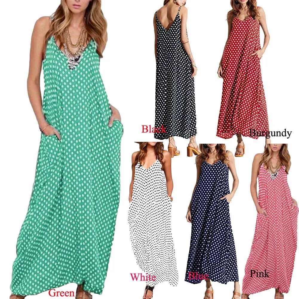 5XL Plus La Taille Robe D'été 2017 Femmes À Pois Imprimer Col En V Sans Manches Robe Lâche Maxi Longue Plage Bohème Vintage Robe Y19012102