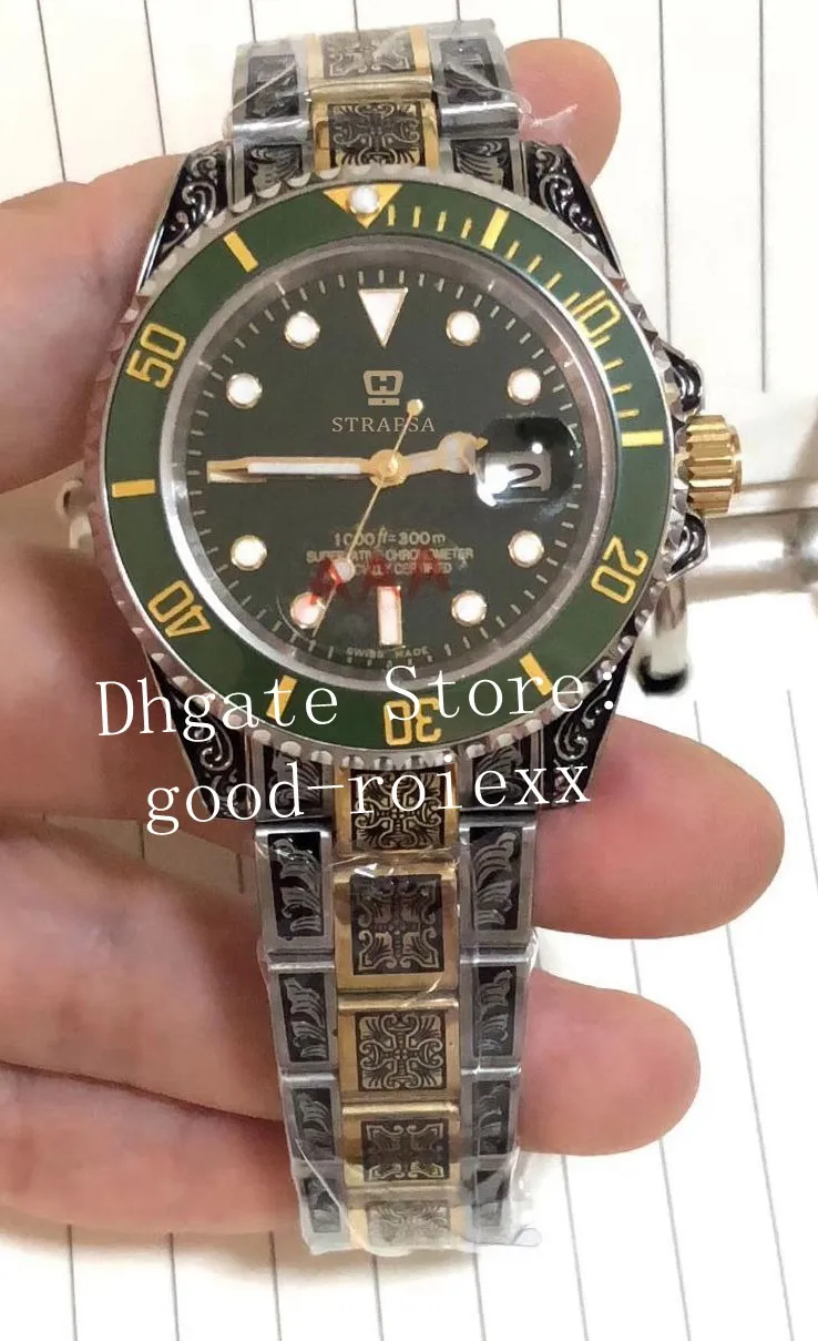 Top Luxusuhr Herren Asia Automatik 2813 Herren Gold Stahl Carving Armband Grüne Keramiklünette Perpetual Sport Vintage Uhren273x