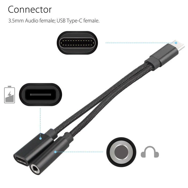 Mais novo 2 in1 typec conversor usb tipo c cabo de carregamento 35mm áudio fone de ouvido adaptador para xiaomi para huawei samsung1088297