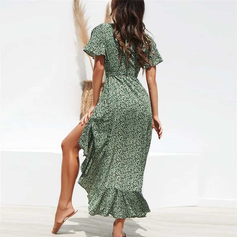 Moda stampata floreale Maxi Boho Style 2019 Was Beach Sexy Side Split Dress Eleganti abiti estivi