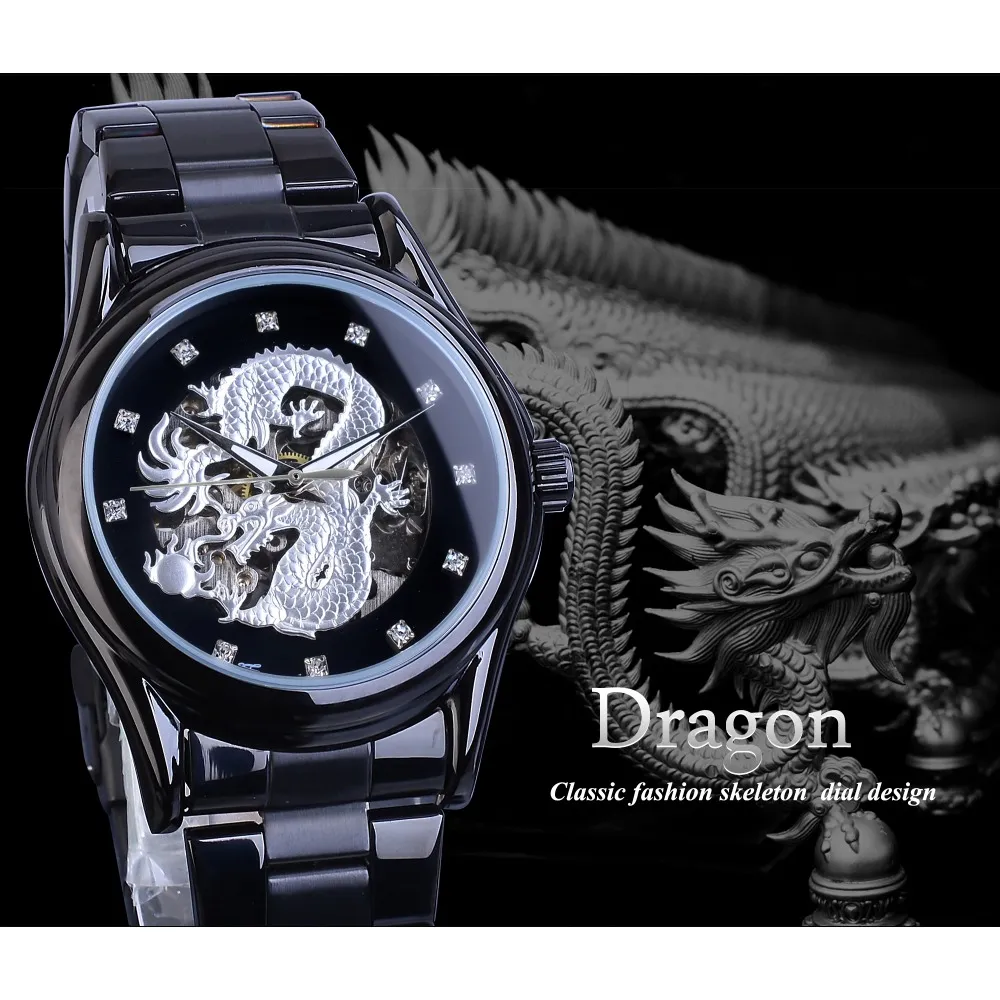 Forsining – montre mécanique automatique avec squelette de Dragon argenté, bracelet en acier inoxydable et cristal, horloge pour hommes, Waterproo254A