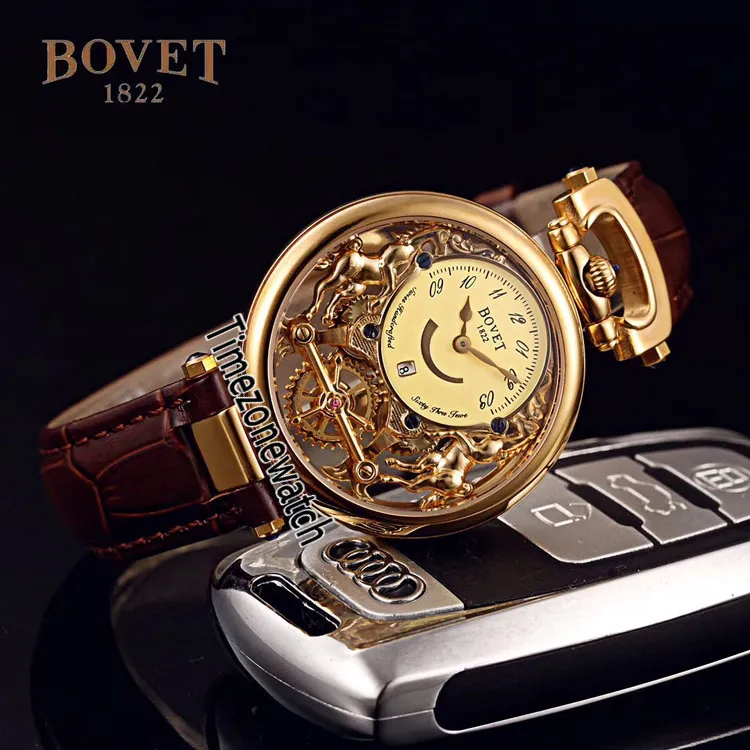 Bovet Zwitsers quartz herenhorloge Amadeo Fleurier Rose goud skelet witte wijzerplaat horloges bruine lederen band horloges goedkope Timezonewatc190Q