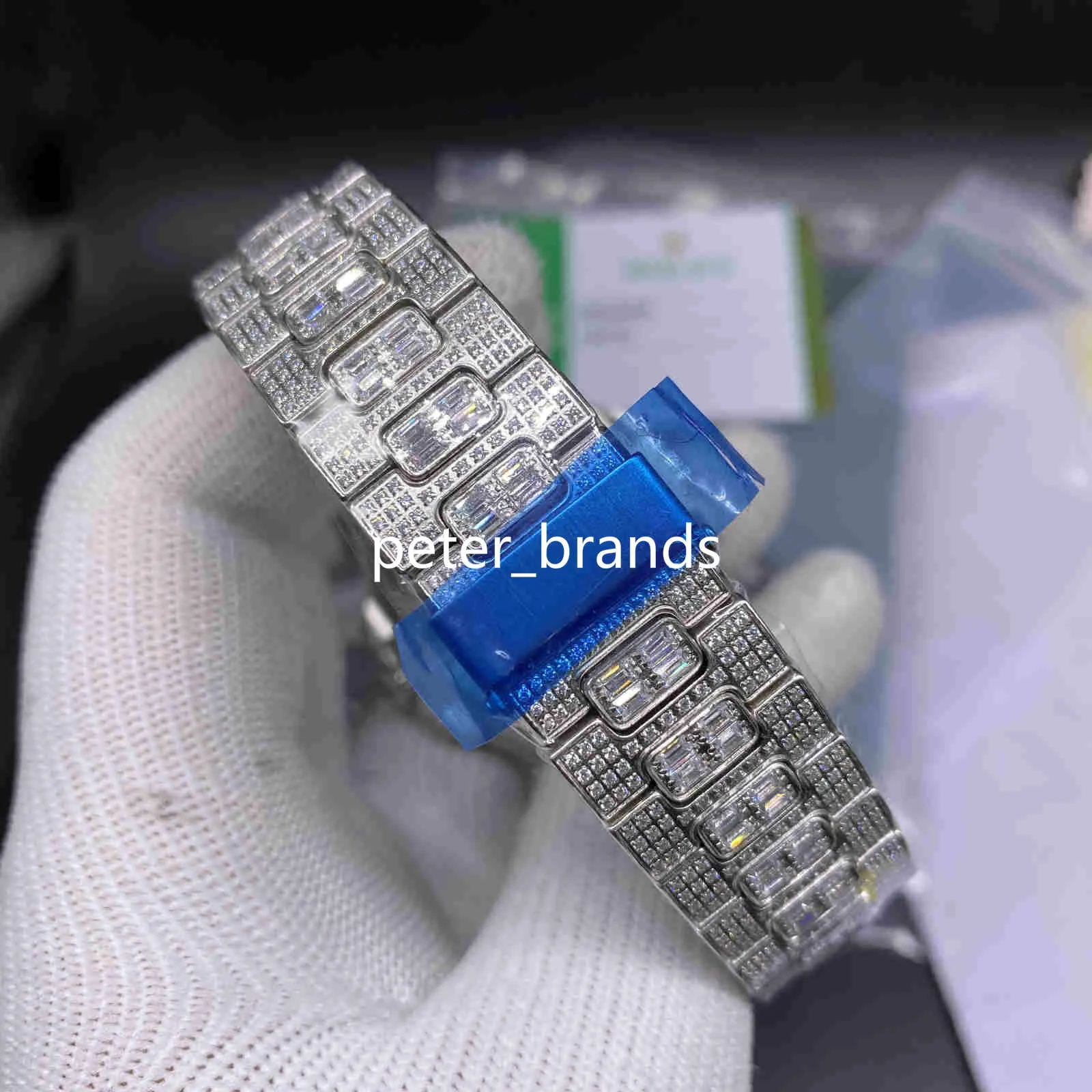 Top-Qualität Herren-Automatikuhren Iced Out Diamond Watch 40 mm Silber Edelstahl Baguettes Diamond Lünette Saphir Watch3072