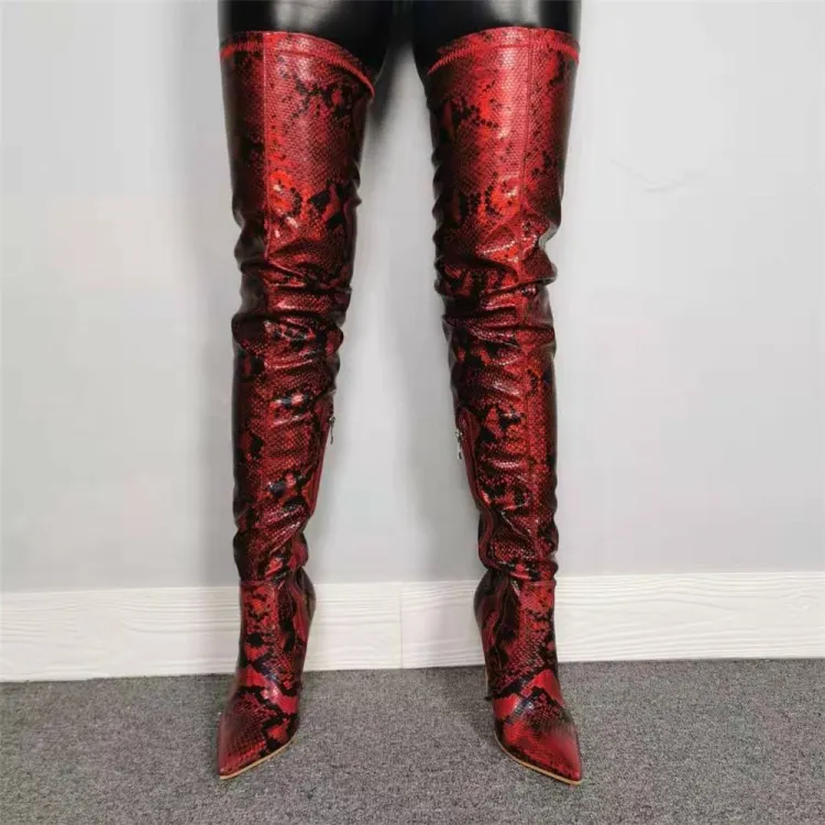 Rontic femmes cuisse haute serpent motif bottes Sexy talons aiguilles bottes bout pointu rouge fête chaussures femmes Plus taille américaine 5-15