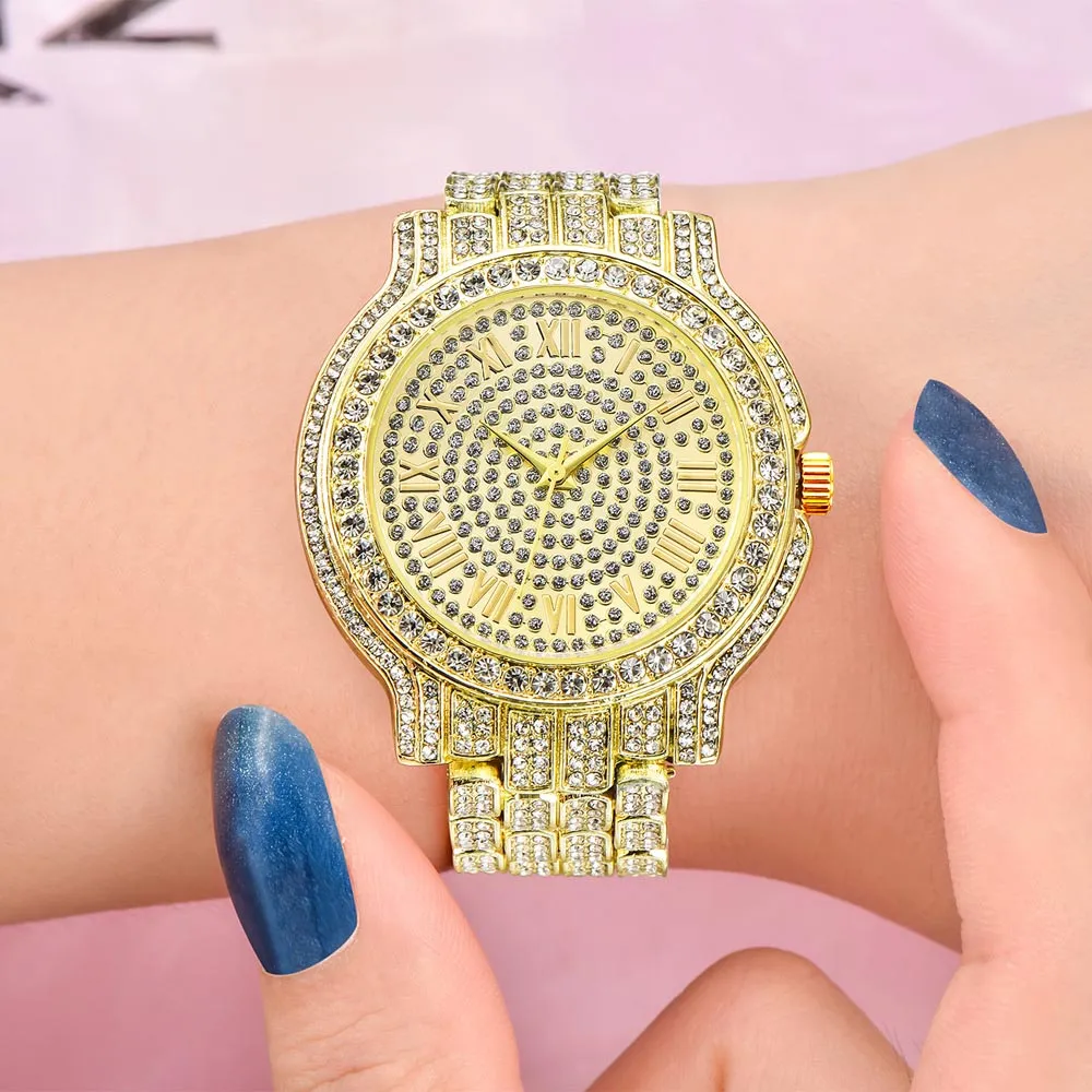 스테인레스 스틸 남성 여성 시계 패션 반짝이는 풀 다이아몬드 날짜 쿼츠 시계 유형 손목 시계 빙 블링 힙합 손목 시계 g262p