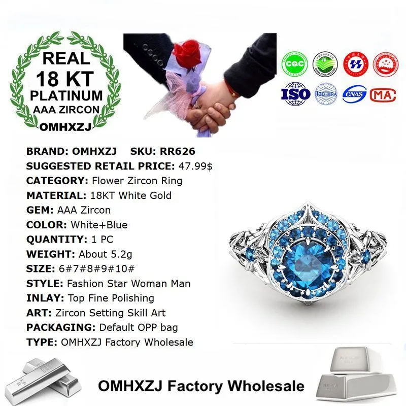 OMHXZJ ensemble trois anneaux de pierre mode européenne femme homme fête cadeau de mariage de luxe blanc bleu Zircon 18KT bague en or blanc RR69025513