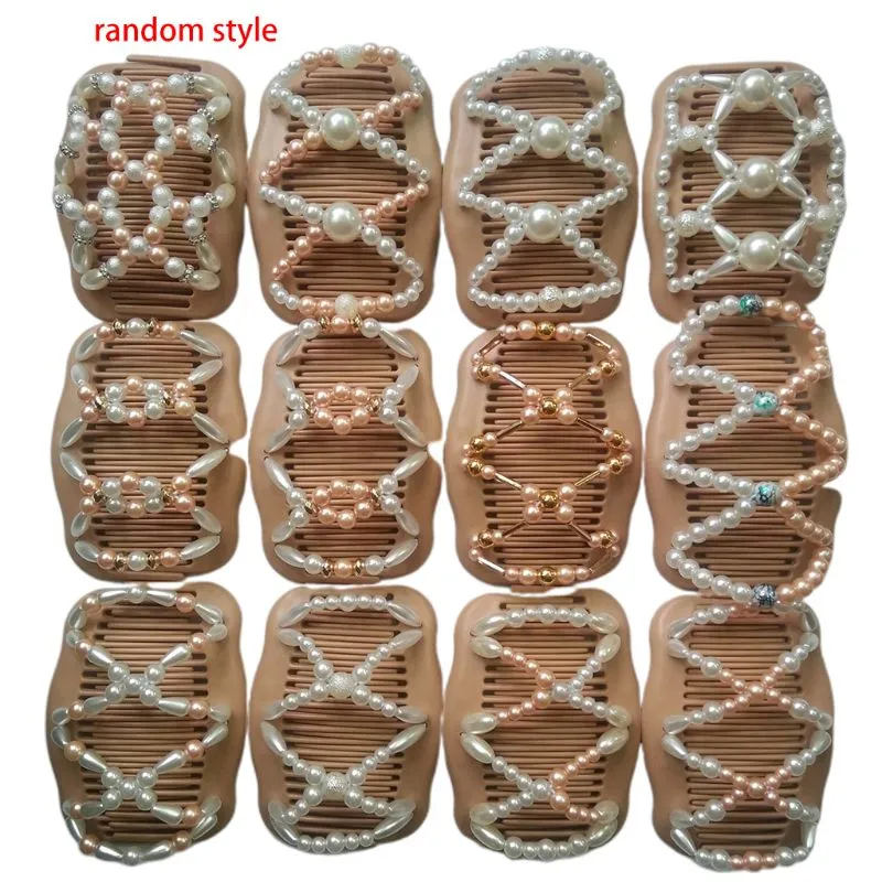 Kvinnor Magic Double Hair Comb Imitation Wood Pearl Clip Stretchy Hairpin Bead DIY C6UD1230L