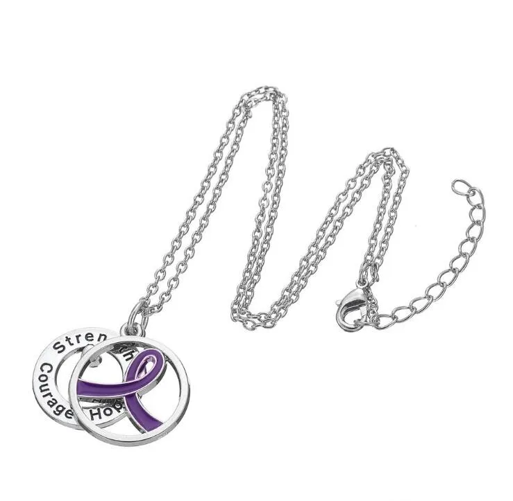 GX055 Cancer Awareness Purper Ribbon Silver Plated Strength Hope Courage love letters hollow round Pendant Necklace For Gift258U