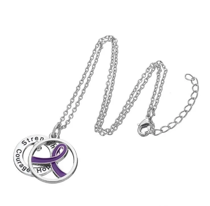 GX055 Krebsbewusstsein Purper Ribbon Silber Schlepper Hope Mut Liebe Buchstaben Hollow Round Anhänger Halskette für Geschenk3162