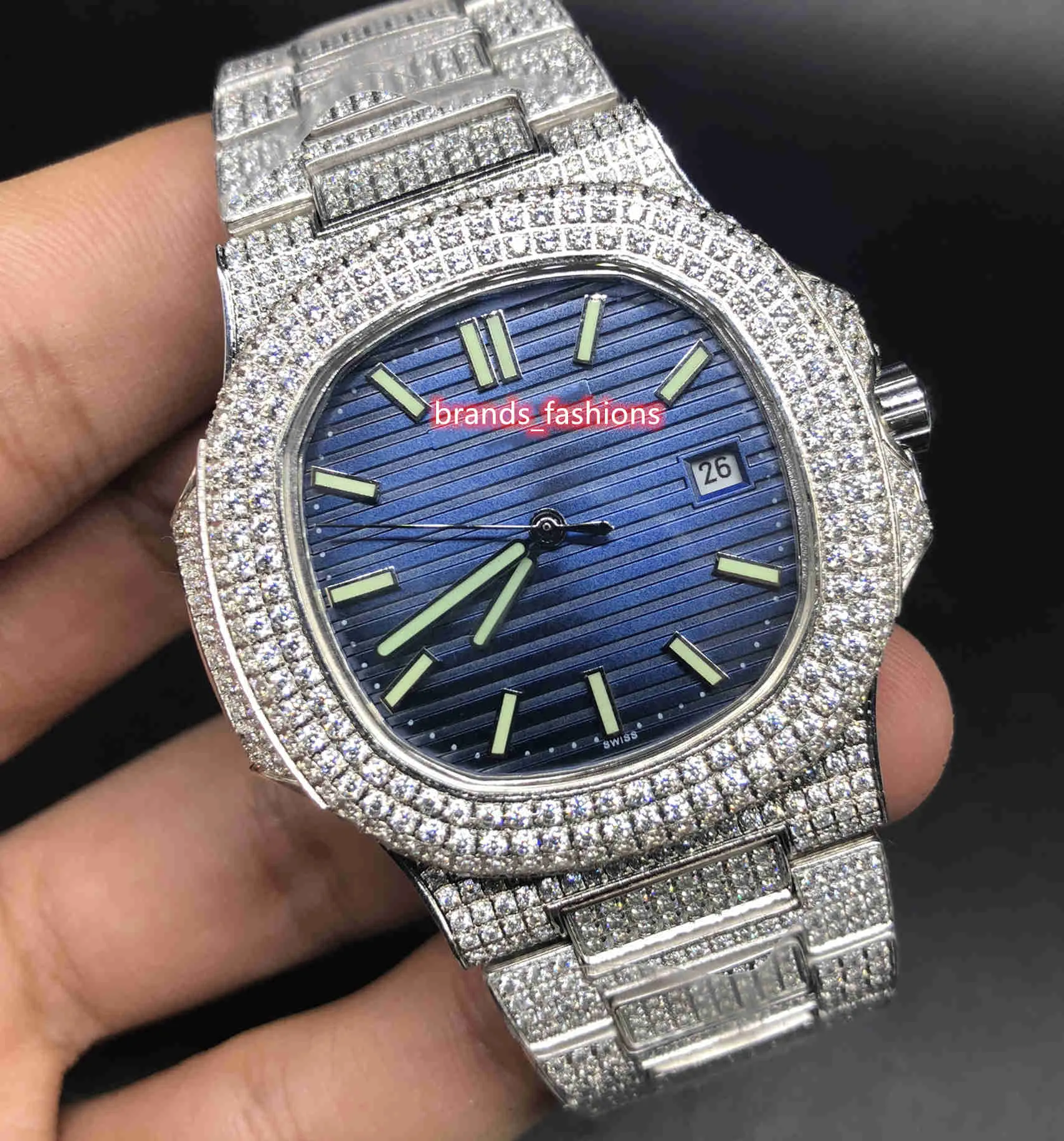 Uniek en glamoureus diamanten herenhorloge, zilverkleurig roestvrijstalen horloge, blauw gezicht diamanten band, automatisch mechanisch Wris283R