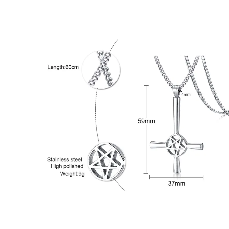 Grand collier pentagramme occulte en argent avec croix inversée en acier inoxydable, bijoux gothiques sataniques, 1808