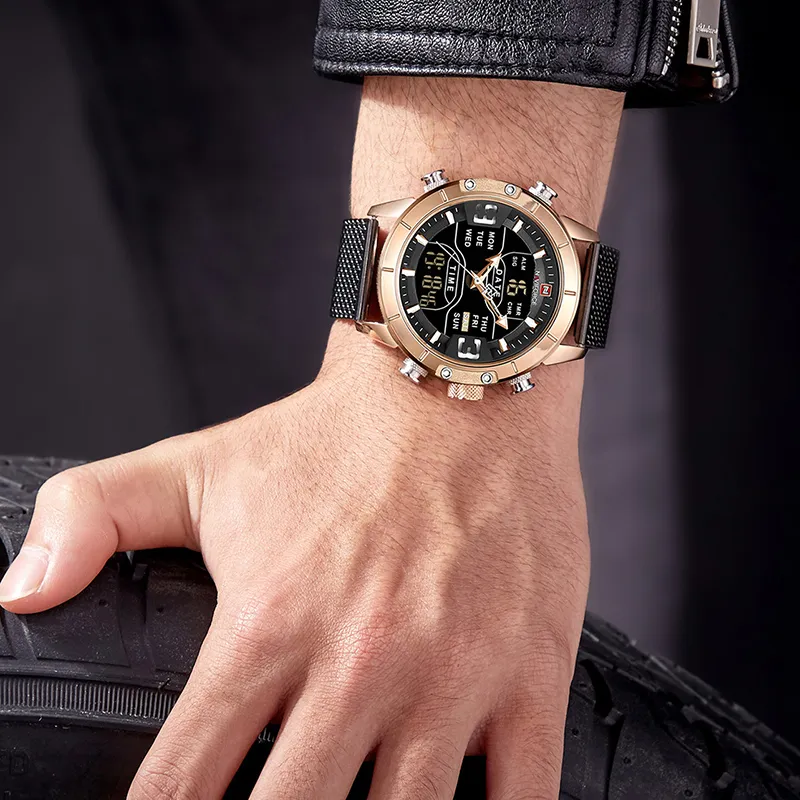 NAVIFORCE montre haut de gamme marque hommes militaire Quartz montre-bracelet en acier inoxydable maille sport montres analogique numérique mâle Clock282T