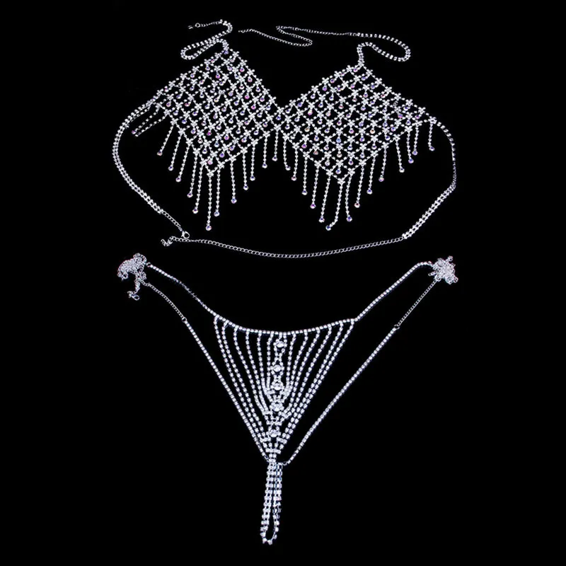 Kadınlar Seksi Bling Taklidi Sutyen ve Tanga Takı Parti Hediye T200508 için Stonefans Renkli Kristal Bralette İç Vücut Zinciri Seti