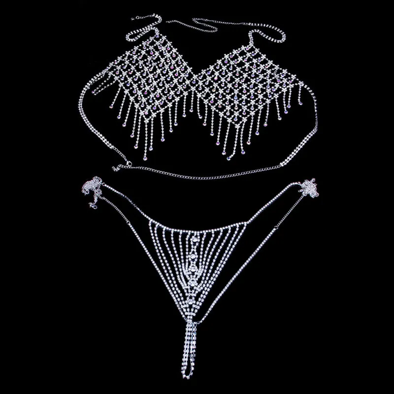 Stonefans Colorful Crystal Bralette Underwear Body Chain Set for Women Sexy Bling Rhinestone Bra and Thong Jewelry Party Gift T200508