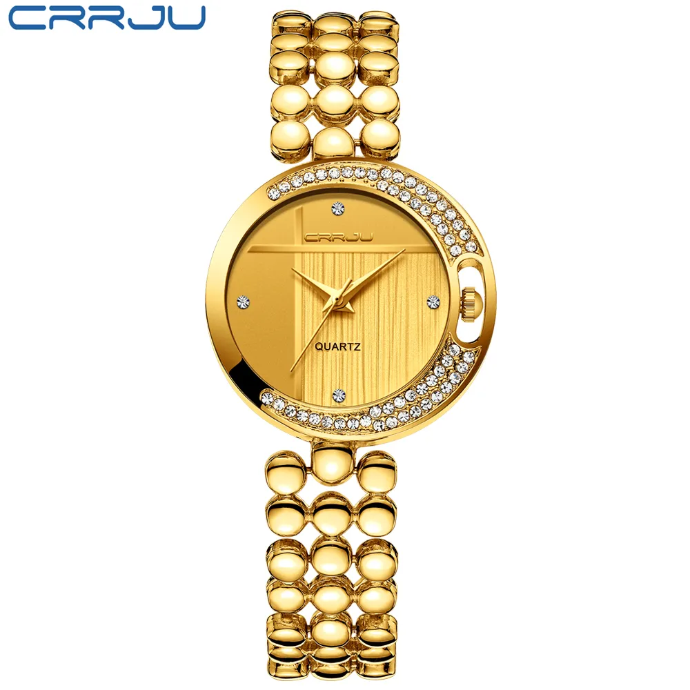 Crrju New Fashion Women's Wrist Watches with Diamond Golden Watchband Top Luxury Brand Barcelet Bracelet Clock Female2054