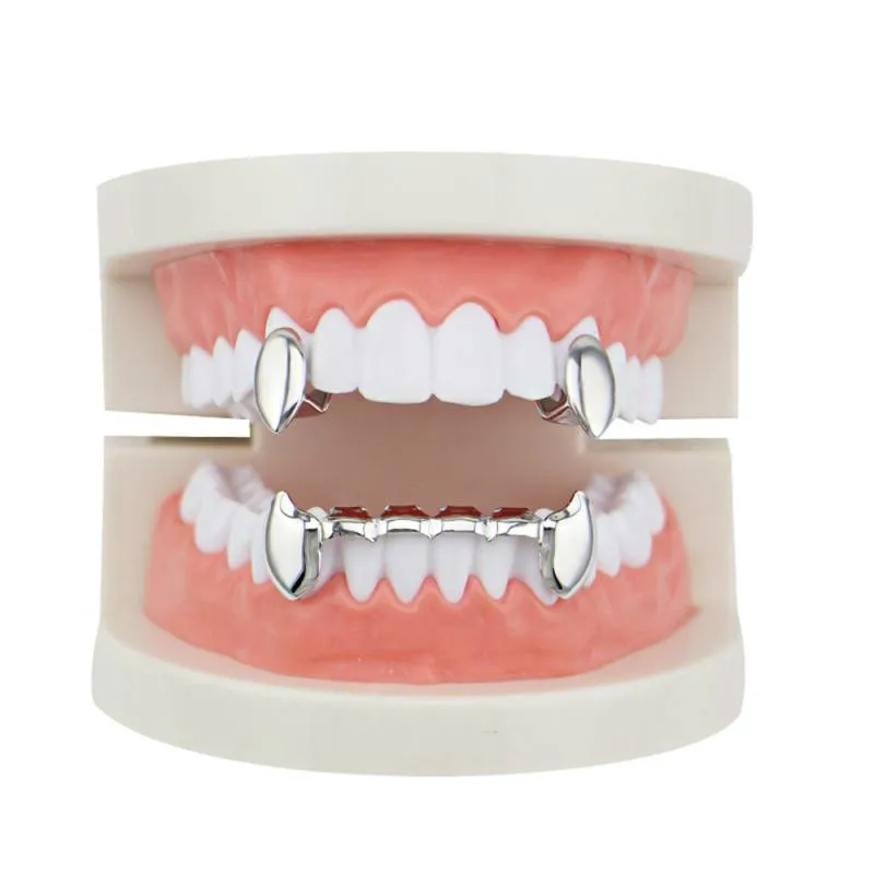 Whole Glossy Copper Dental Grillz Punk Vampire Canine Teeth Jewelry Set Hip Hop Women & Men Gold Plated Grills Accessories230d