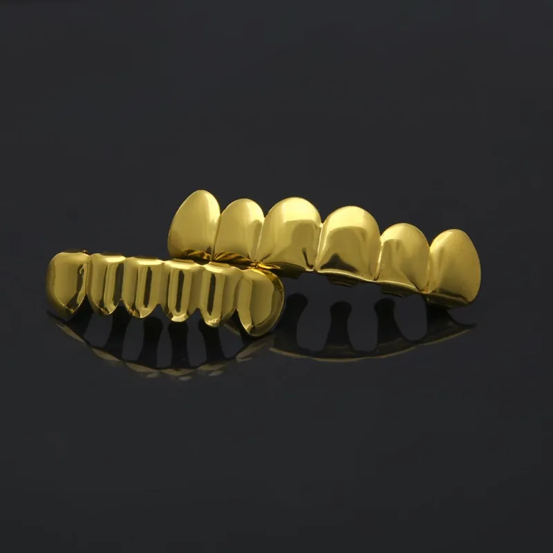 Set di grillz denti superiori e inferiori placcati in oro da uomo GoldenTeeth Grills Gioielli Hip Hop244J