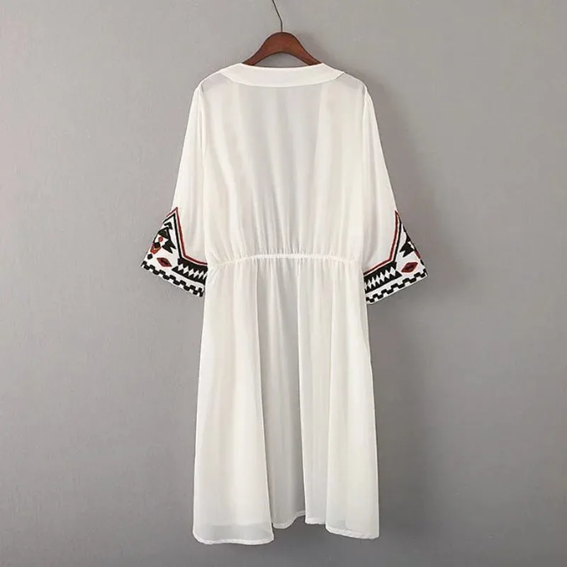 L231 Fashion Womens Black White Color Geometric Embroidery Ethnic Shirt Cardigan Summer Sunscreen Kimono BlousesMX190827