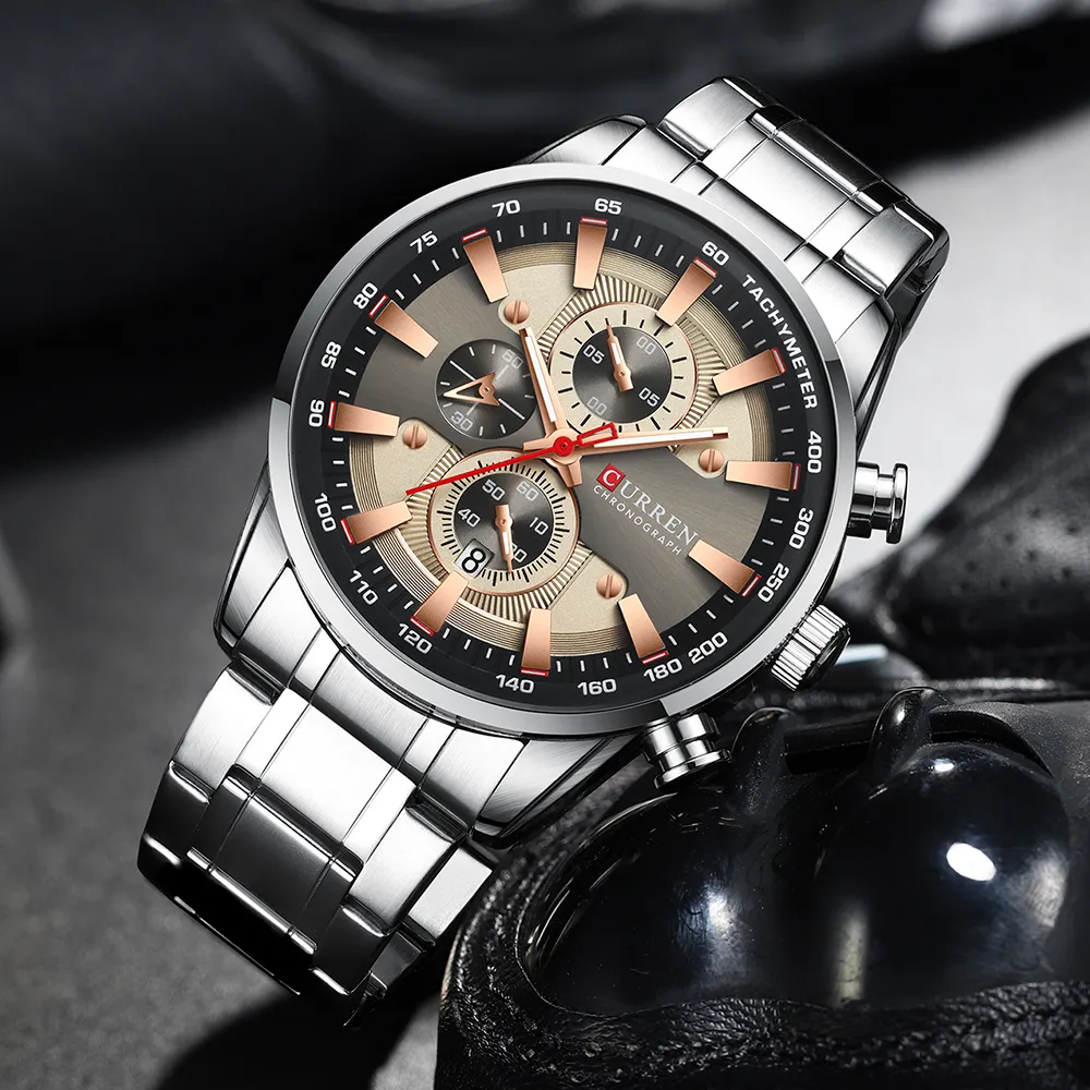 CURREN Watch Men's Wristwatch with Stainless Steel Band Fashion Quartz Clock Chronograph Luminous pointers Unique Sports Watc240Y