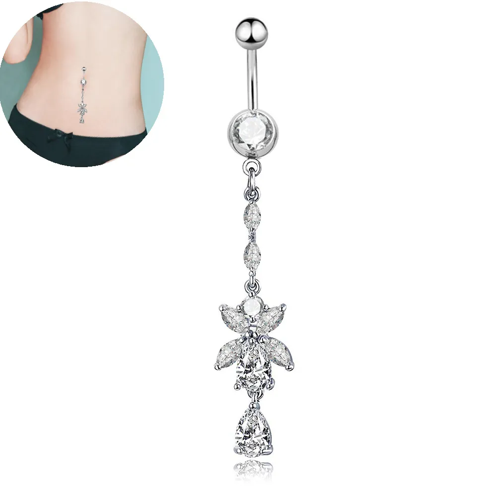 Sexig Wasit Belly Dance Drop Crystal Body Jewelry Stainless Steel Rhinestone Navel Bell Button Piercing Flower Long Dingle Rings for Women