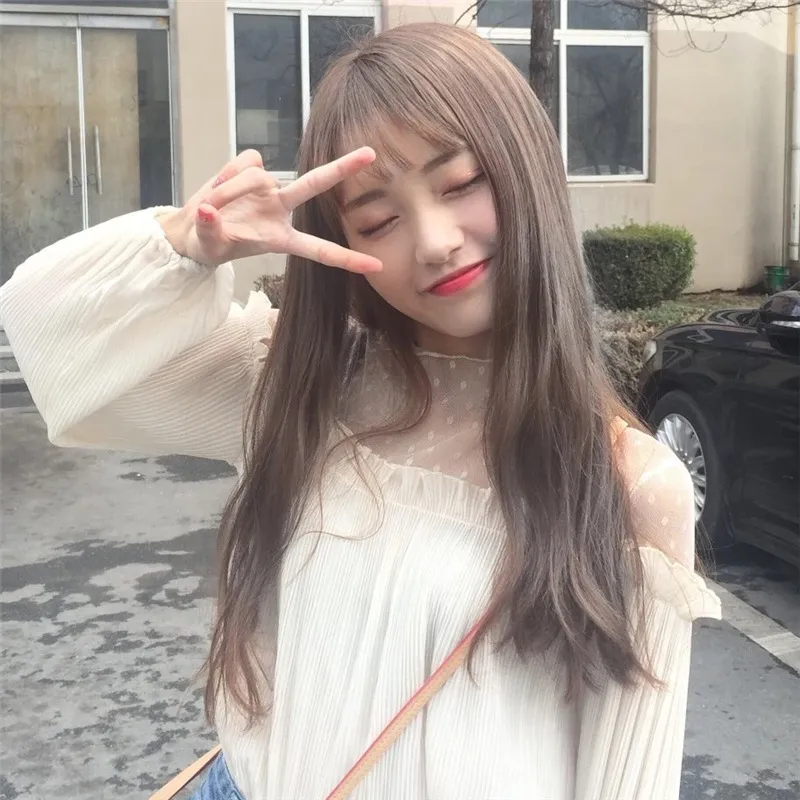 Nouveau coréen pop fille frange perruque longue perruque à cheveux raide et casque rose brun noir perruque8822230