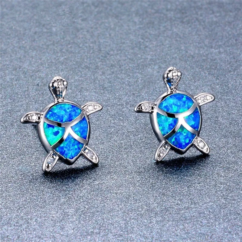 925 Sterling Silver Cute Turtle Pendant Necklace And Earrings Blue Fire Opal Filled Female Wedding Animal Jewelry Set311s